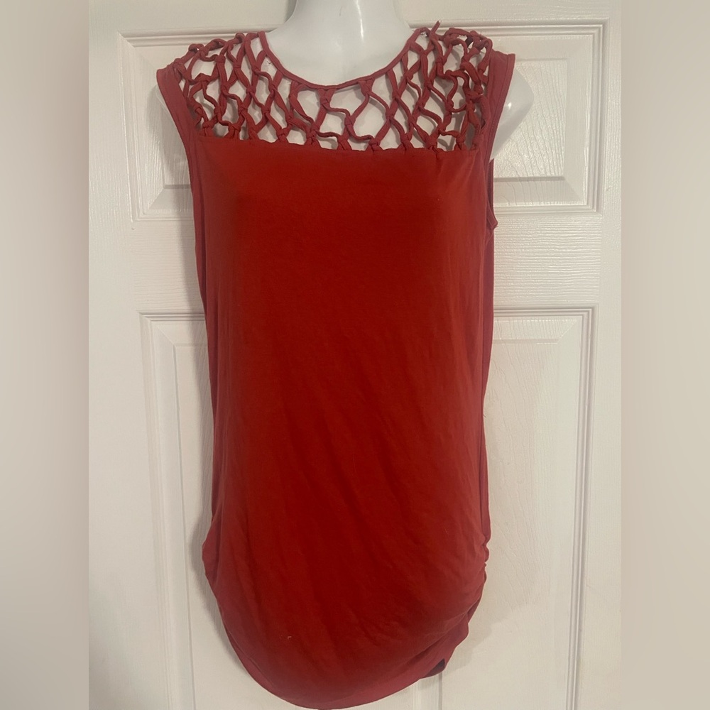 Rust Coloured Women's Sleeveless Top with Crochet Detail Size S